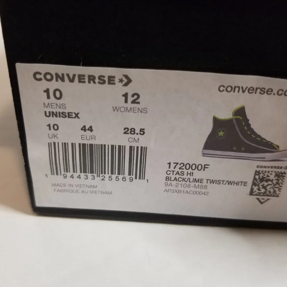 Converse Men’s High Top Sneakers Black with Lime Trim - Picture 9 of 16
